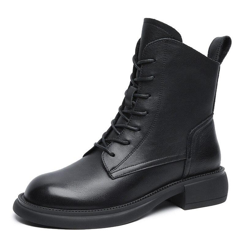 Johnature Genuine Leather Shoes Women Boots Zip Round Toe Flat With Handmade Retro Lace-up Sewing Casual Platform Boots