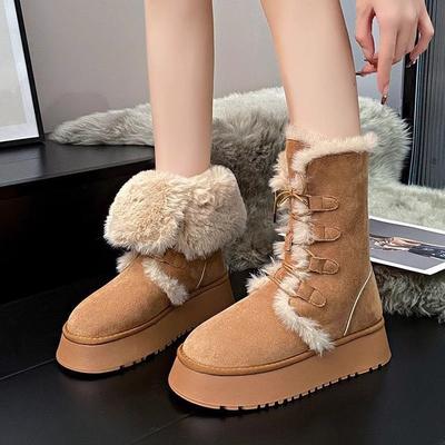Thick-soled Snow Boots Winter New Lace-up Two Wear Piled Thickened Large Cotton Shoes Medium Tube Cotton Boots