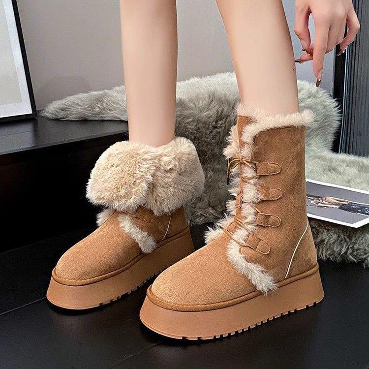 Thick-soled snow boots winter new lace-up two wear piled thickened large cotton shoes medium tube cotton boots