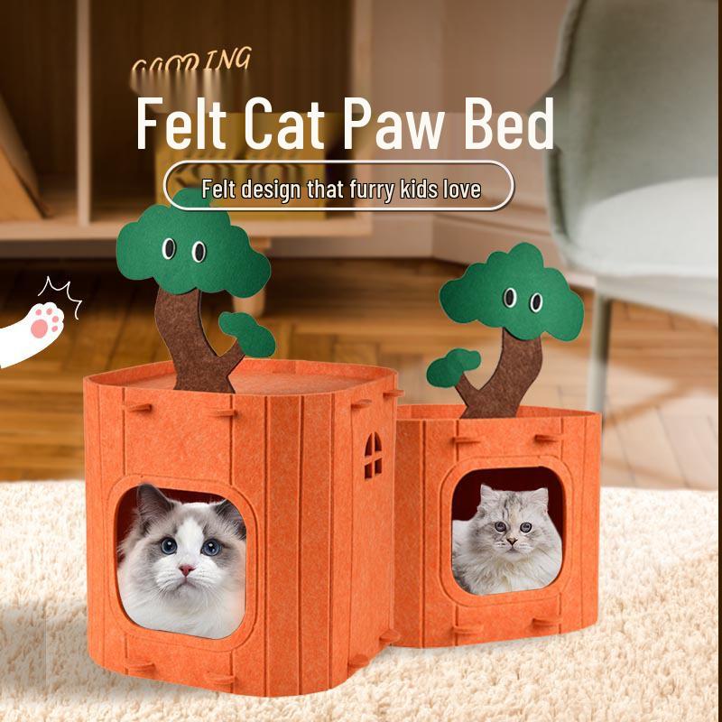 Semi-Enclosed Washable Felt Cat Bed: Warm, Comfortable, and Private Resting Nest for Cats.