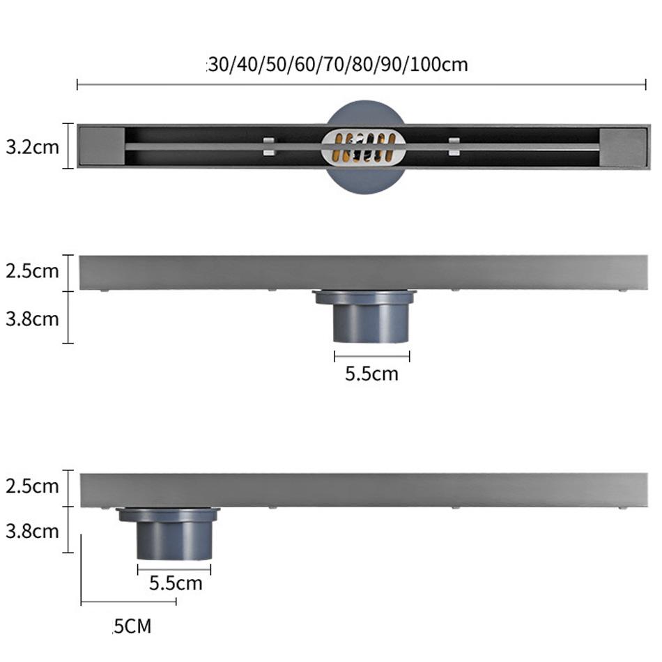 Scurgere de pardoseală gri 30 40 50 cm 304 oțel inoxidabil Toaletă Baie Duș Banda de scurgere liniară lungă Scurgeri laterale de pardoseală 3,2 CM