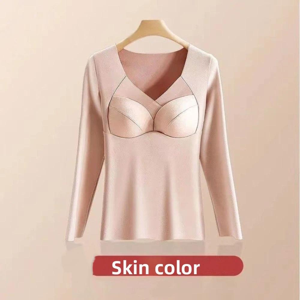 V Mesh Neck Women Thermal Clothes Solid Color Velvet Fleece Thermal Underwear Feel Heating Lingerie Warmth Long Tops Undershirt