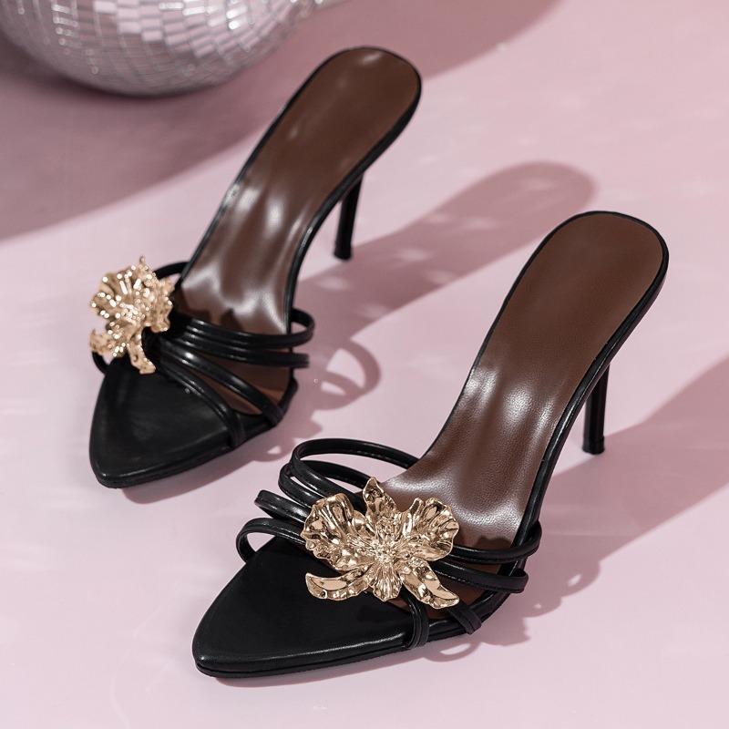 Summer new high-heeled cool slippers women's large-size stiletto one-word flower sexy pointed high-heeled women's shoes