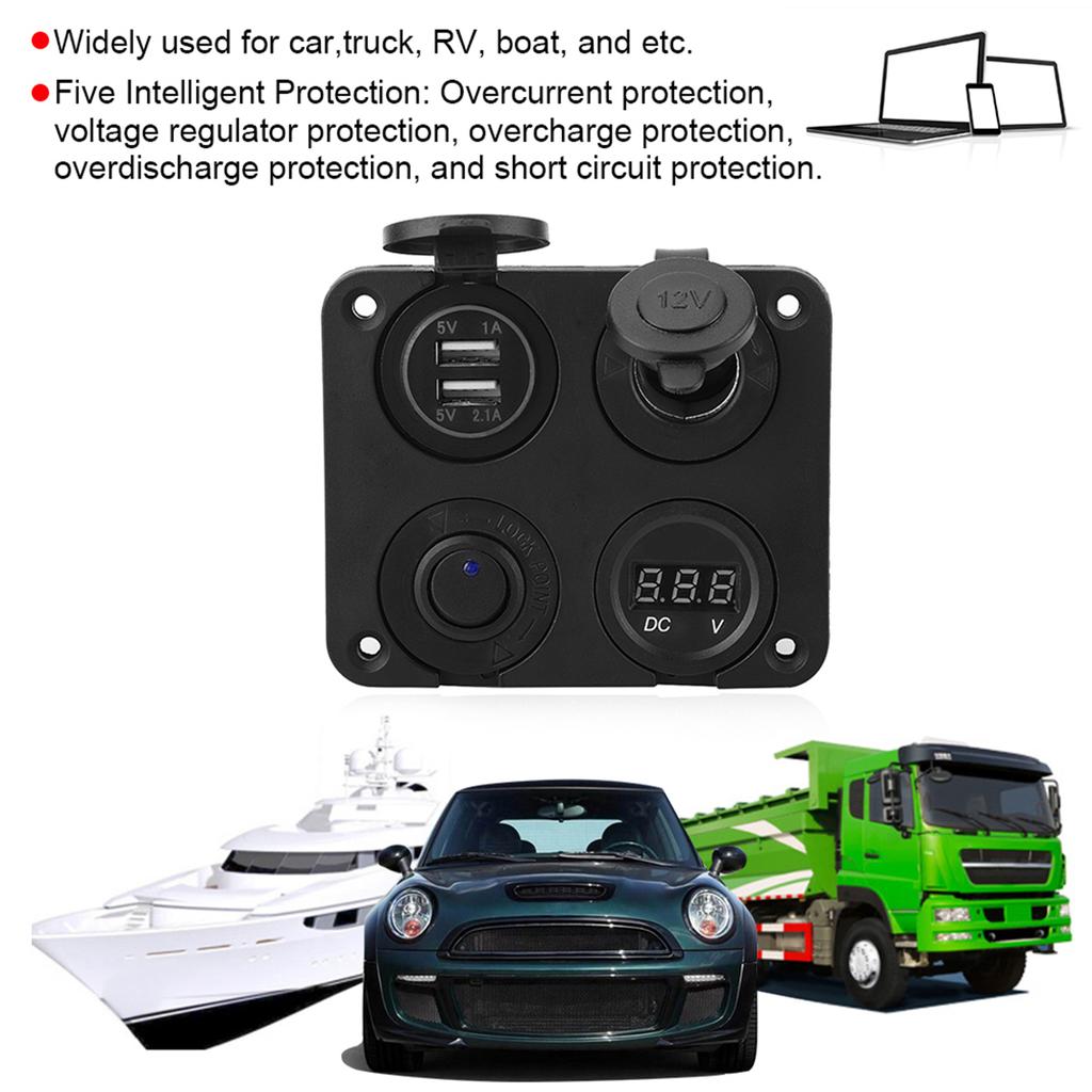 12V 4 Gang LED Toggle   Panel Cigarette Lighter Voltmeter Dual USB 4.2A for Car Boat Red