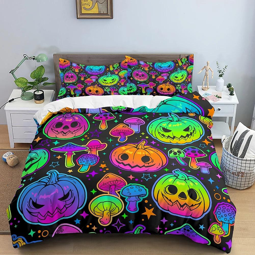 Neonfarbenes Bettbezug-Set King Regenbogen-Farbverlauf Kürbis Bettwäsche-Set Mikrofaser Steppdeckenbezug Halloween-Thema Einzelner Bettdeckenbezug