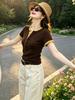 Summer senior sense contrasting color semi-open neck short-sleeved T-shirt women's large size slim and thin versatile top A