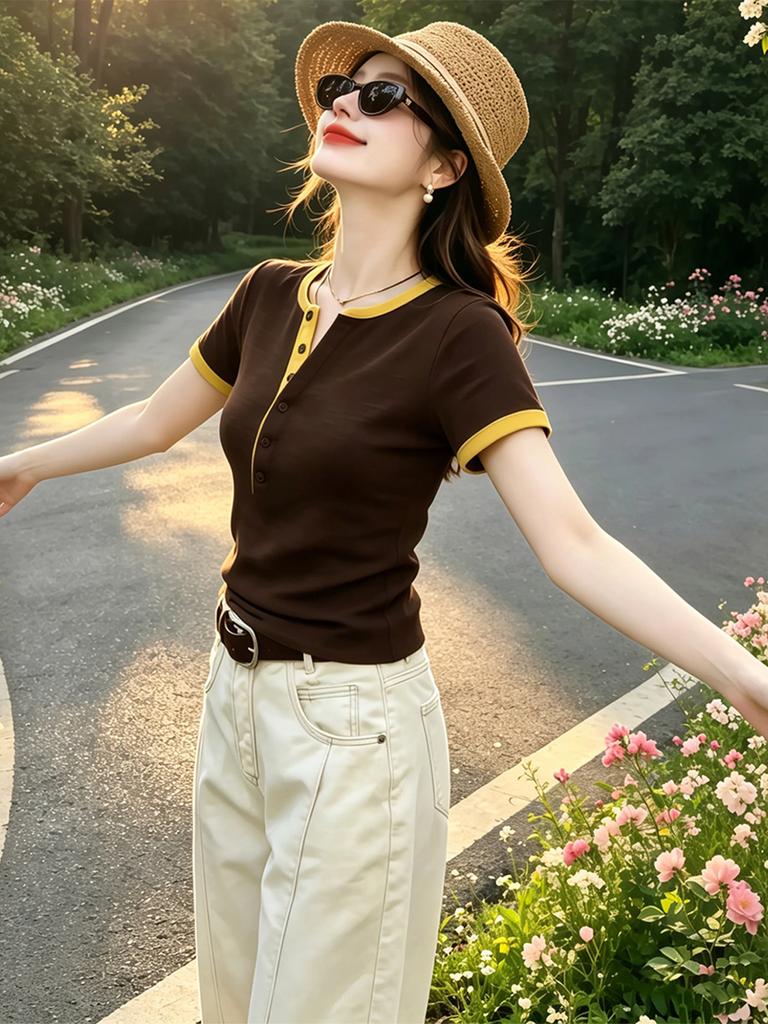 Summer senior sense contrasting color semi-open neck short-sleeved T-shirt women's large size slim and thin versatile top A