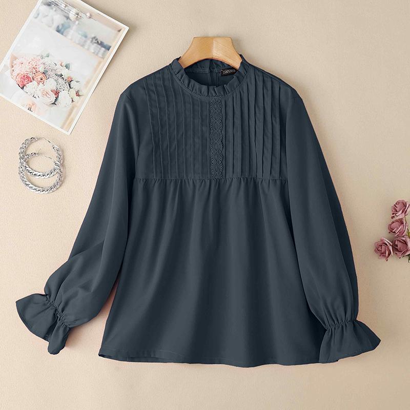 

ZANZEA Женская повседневная свободная блузка с круглым вырезом и длинными рукавами 3XL тёмно-синий