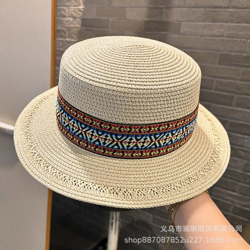 Ethnic style straw hat women's summer fashion retro travel beach seaside vacation style straw woven Panama flat hat