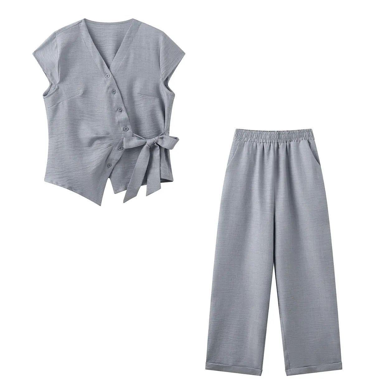 

Elegant 2026 Tie-Up Blouse & Slimming Shirt Set in Off-White Grey Cashmere L (90-110 jin) серый
