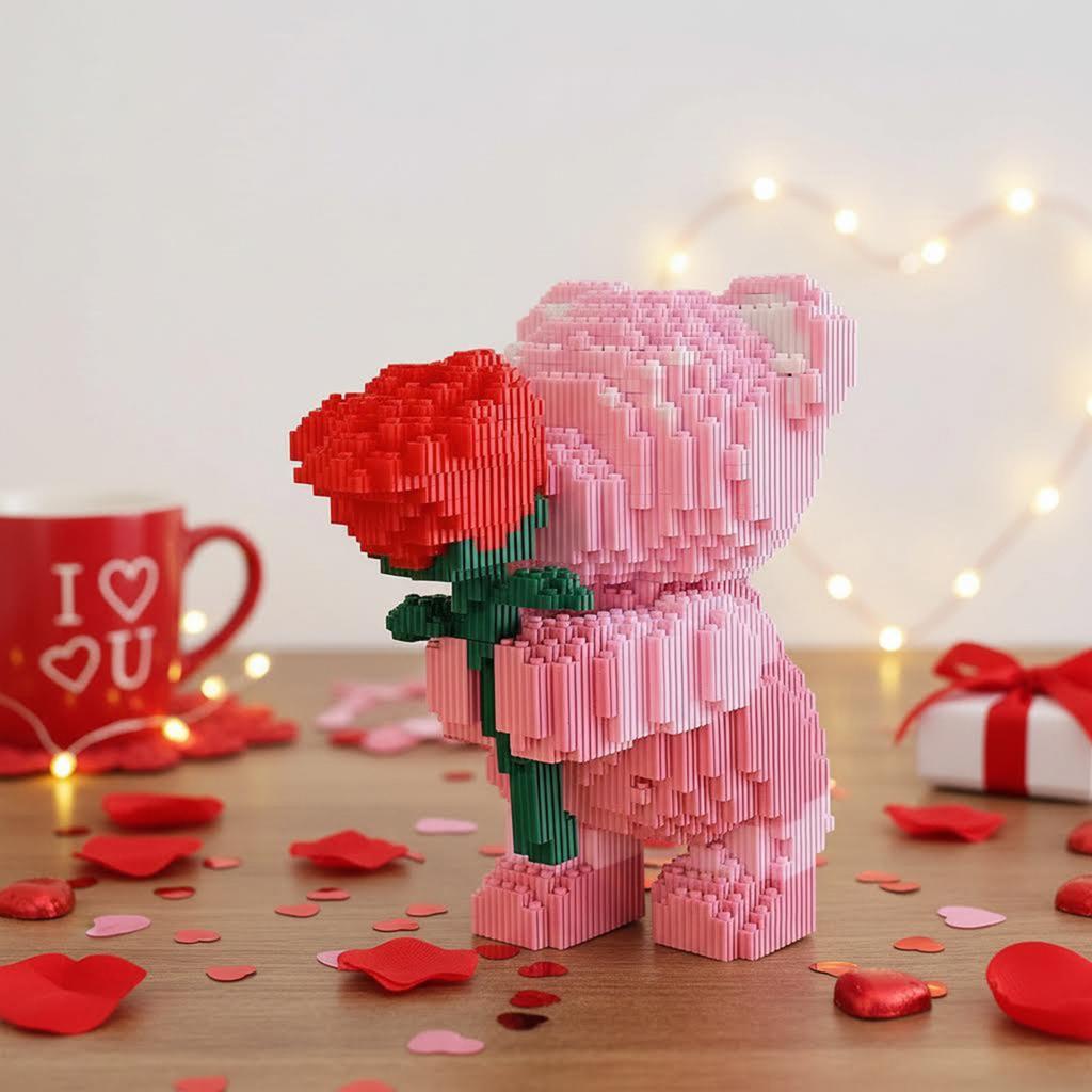 DIY Konstruktionsspielzeug mit Rosenbär 3D Bausteine für Kinder Paar Geschenk Schreibtisch Heimdekorationen