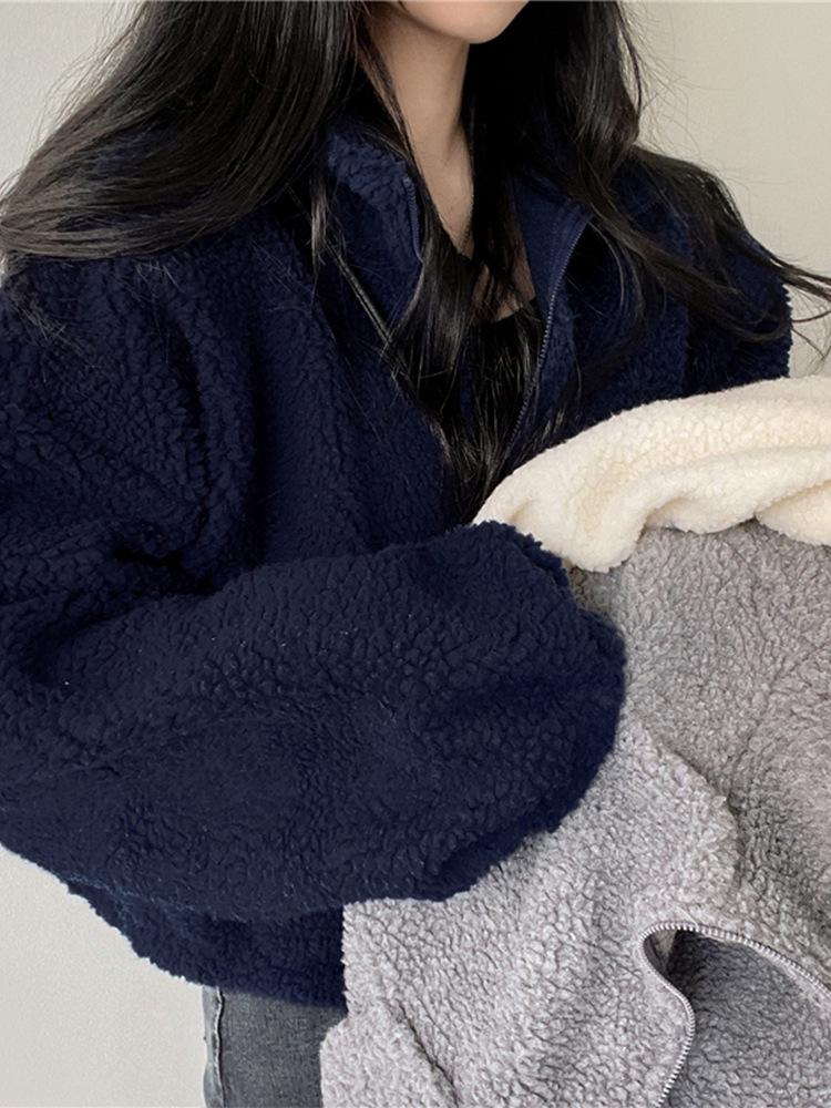 Dámská bunda z jehněčí vlny se stojáčkem a fleecovou podšívkou - Volný střih, Silná, Zapínací svetr na podzim/zimu 2025