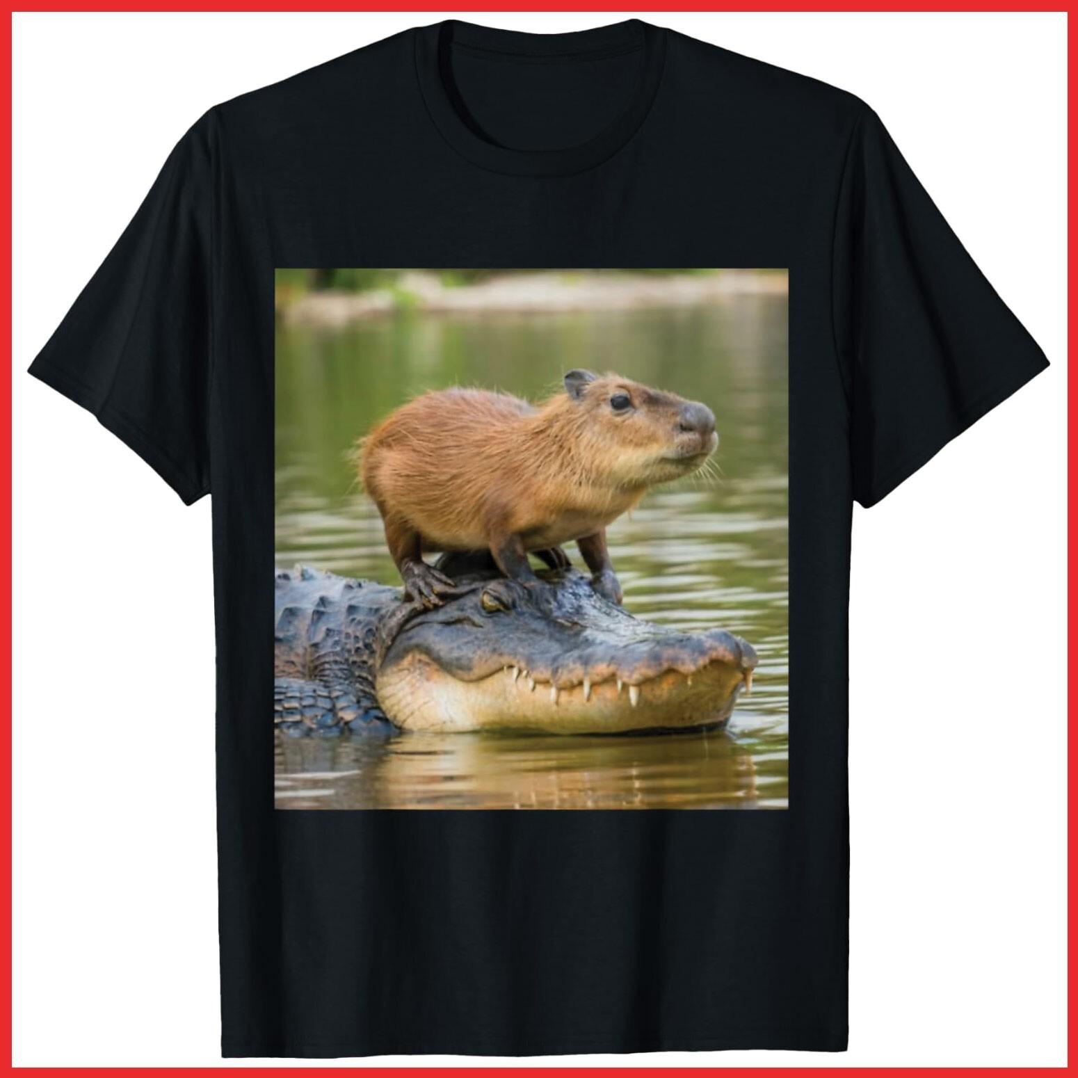 Capybara Meme On Alligator Black Cotton T-Shirt S-5XL S