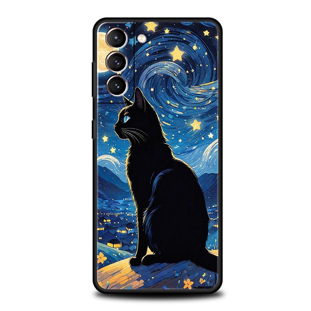

Cat Van Gogh Starry Sky Phone Case For Samsung Galaxy S26 Ultra S25 Plus S24 FE S23 S22 5G S21 S20 Cover Black Soft Samsung S23
