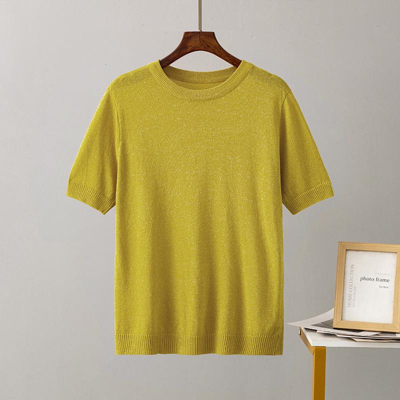 Pletená trička Jednobarevná Kulatý výstřih Krátký rukáv pro ženy Volné pulovrové topy Retro styl Stylové dámské Lesklé ledové hedvábí Šifonové halenky Košile