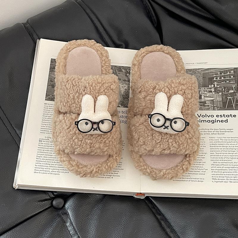Cute cartoon eyes rabbit thick sole one-word fluffy shoes season fashionable retro casual solid color girls cotton slippers