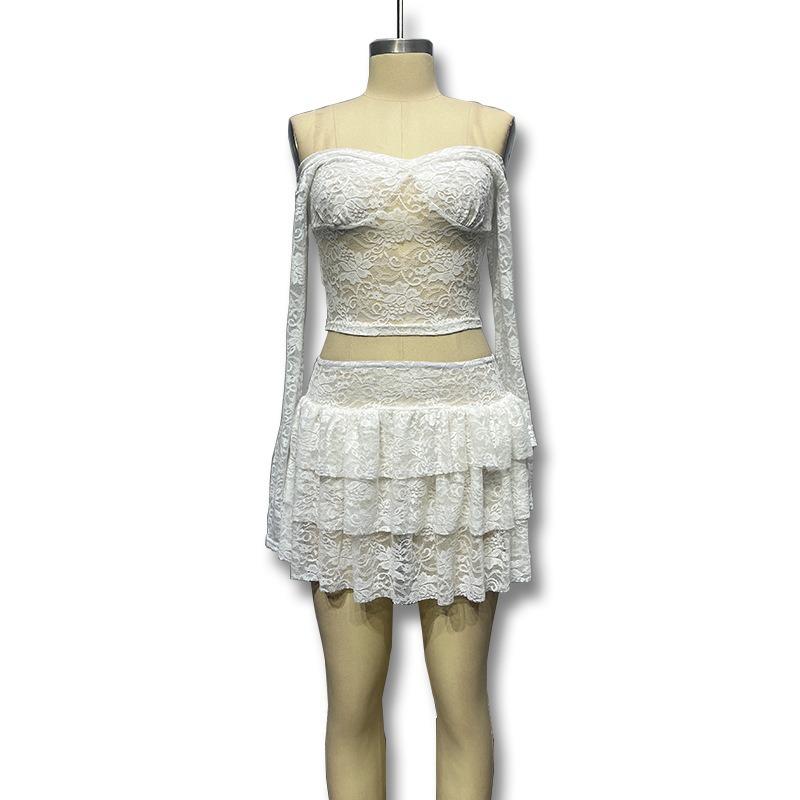 

Женский летний комплект из двух частей с верхом и кружевной юбкой на груди L белый