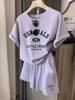 Bestselling Casual Letter Print Sportswear Set with Round Neck, Short Sleeves, and Drawstring Shorts - Perfect for Home or Outings
