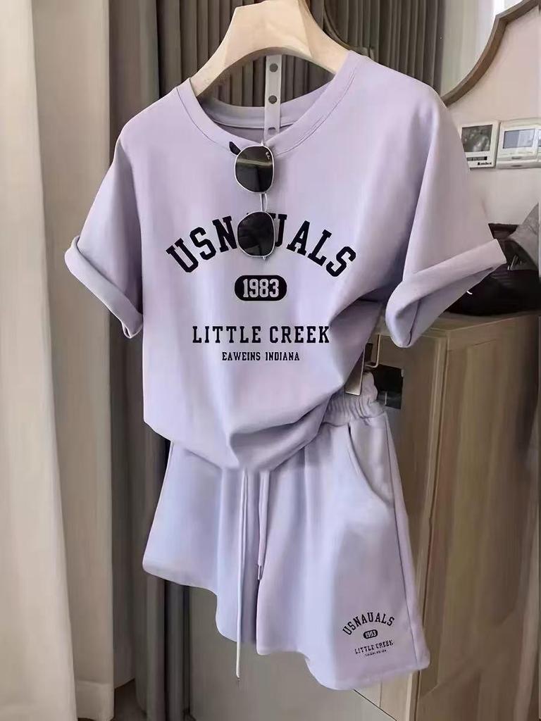 Bestselling Casual Letter Print Sportswear Set with Round Neck, Short Sleeves, and Drawstring Shorts - Perfect for Home or Outings