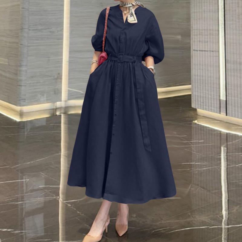 

ZANZEA Women Casual V-Neck Solid Color Loose 3/4 Sleeve Long Dress L Темно-синій