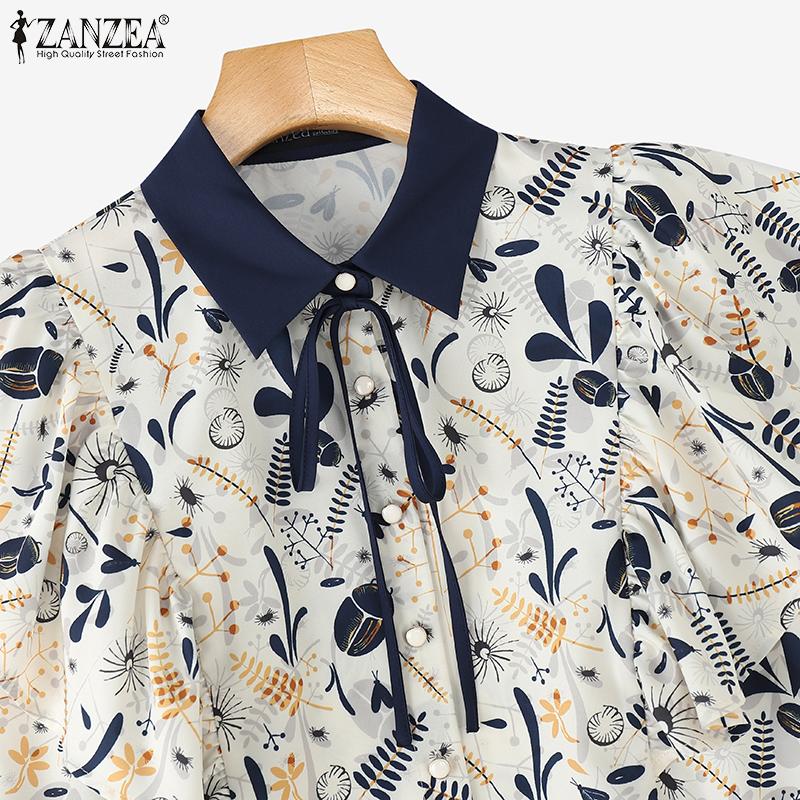 ZANZEA Damen Umlegekragen Locker Sommer Kurzarm Print Bluse