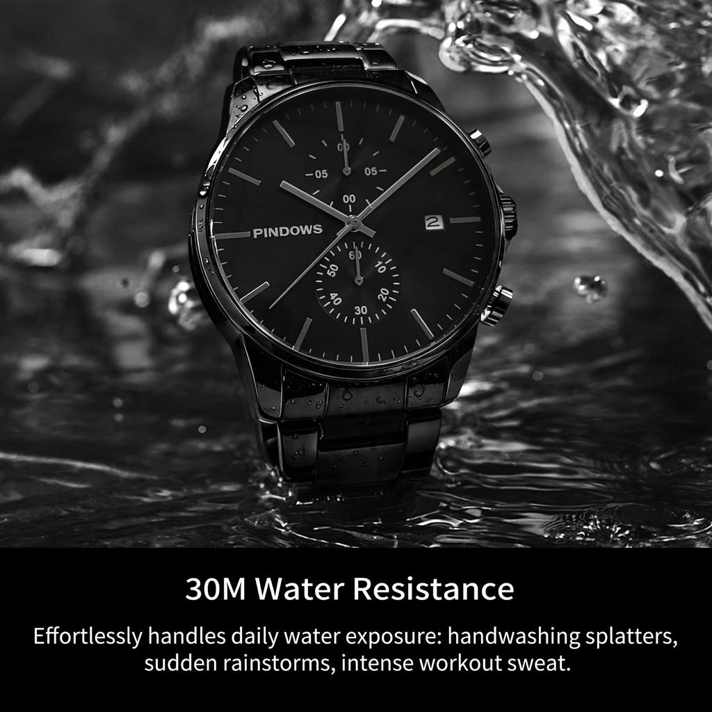 PINDOWS Men's Watch, Black - Simple Stainless Steel Chronograph Business Watch with Date Display