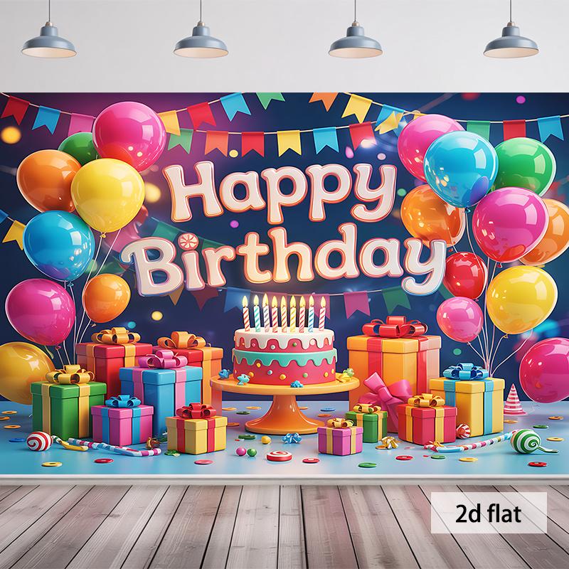 2D plochý banner k narozeninové oslavě, s balónky a dárky, vhodný jako dekorace na pozadí a fotopříslušenství