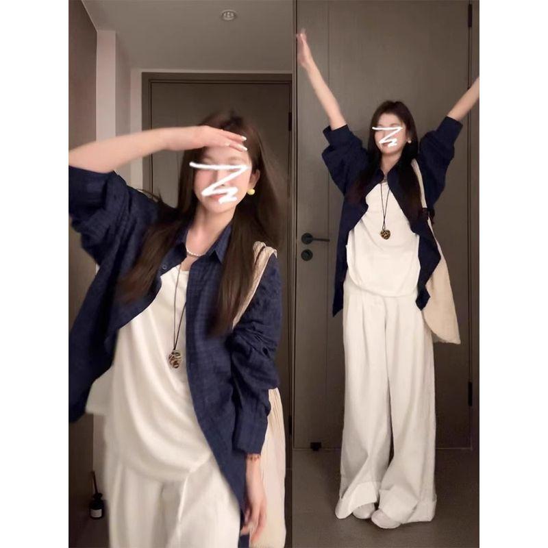 

Blue Plaid Shirt Women 2025 New Spring Niche Wear Sun Protection Shirts Outerwear French style Top Summer Dark Blue S