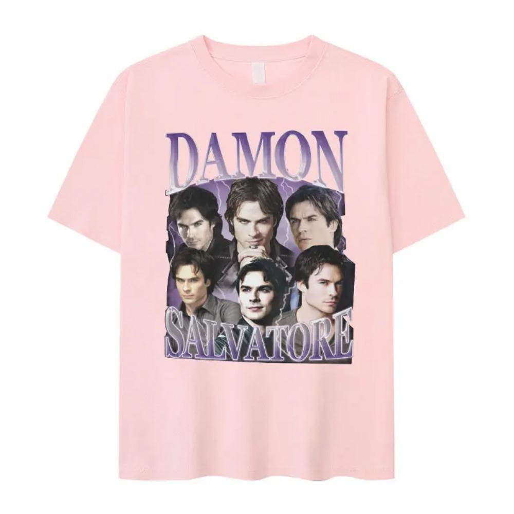 T-shirt con Stampa Damon Salvatore Ian Somerhalder Serie TV per Donna Moda Gotica Retro Oversize per Streetwear Donna