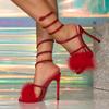 Sandali da Donna Sexy con Serpente Intrecciato intorno al Cristallo Moda Piume Pelose Punta Quadrata Strass Tacco Alto Scarpe da Festa per Ballo