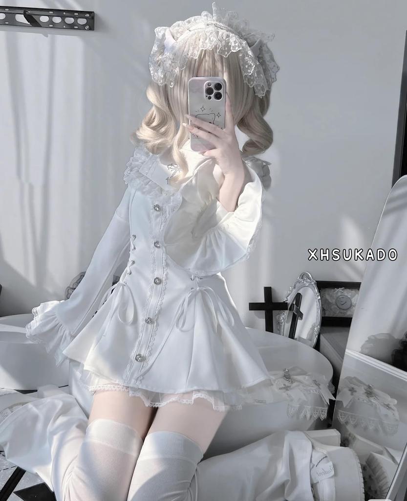 Cute Long Detachable Cross Ribbon Ruffled Flared Lolita Girly Student Outfit [XHSUKADO] Women's Lace-Up Dress, Sleeves, Brooch, Lace, Sleeves, A-Line,