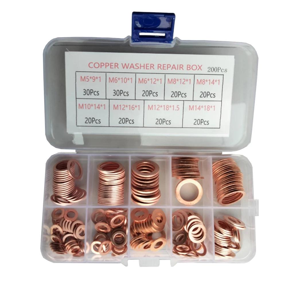 

150/200/300/400PCS Copper Flat Washers Oil Seal Gasket Set Flat Ring Seal Assortment Kit With Box For Sump Home Hardware