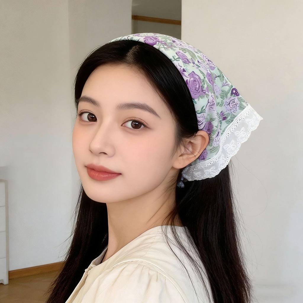 Idyllic lace headband new blast furnace top triangle scarf headband French retro plaid sweet and cute headscarf