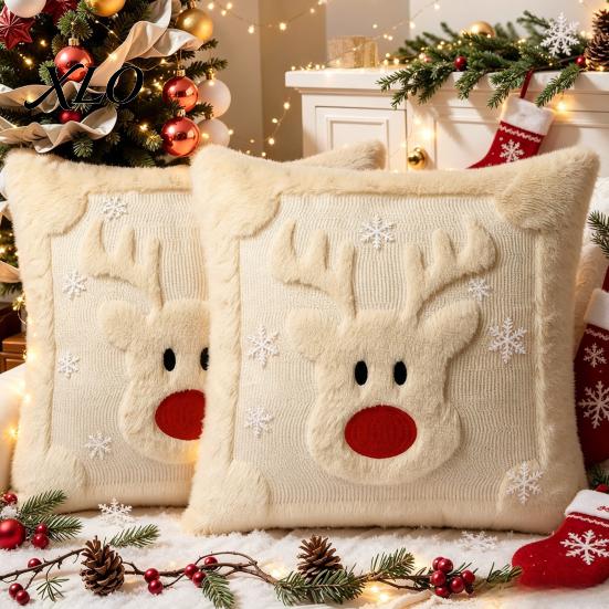 Cozy Plush Pillow Cover Christmas Throw Cover, 18x18 Inch Cushion 3D Snowman Festive Snowflake Reindeer Patterns Pattern, Case for Holiday Home