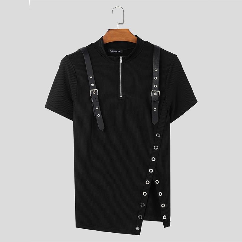 

INCERUN Летние мужские повседневные нестандартные тонкие футболки с коротким рукавом на молнии L чёрный