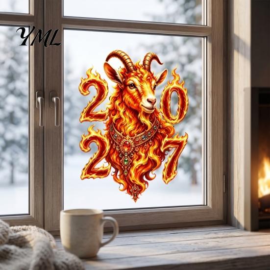 Vibrant Pattern Window Cling Chinese New Year Decoration, 2027 Goat Static Clings, Zodiac Glass Reusable Holiday Clings Decals, Lunar Christmas Decor