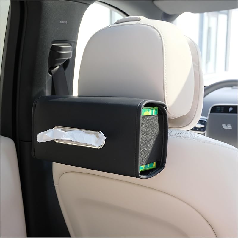 Premium PU Leather Car Tissue Holder, Classic Style, Rectangular, Black чёрный