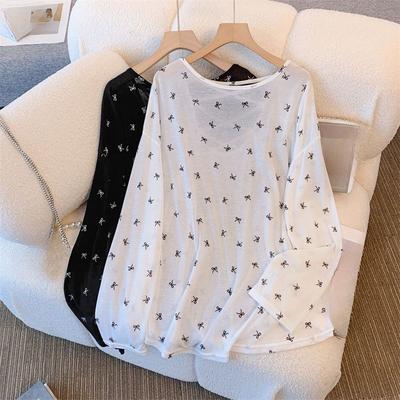 Haut d'été fin à manches longues pour femme avec dos croisé ajouré, imprimé papillons, t-shirt dame légèrement transparent