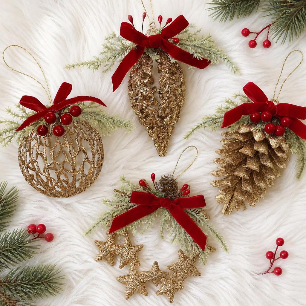 Cross-border new product bow three-dimensional hollow Christmas wreath pendant Christmas scene arrangement pine cone hanging ball pendant