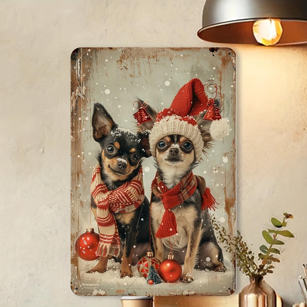 1pc Vintage Christmas Dog Metal Tin Sign, Iron Wall Art with Aluminum Foil Carving, Festive Home & Outdoor Decor, 8x12 Inches