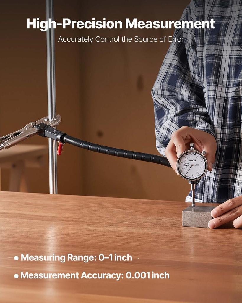 Dial Test Indicator with 360° Flexible Arm and 360° Locking Pliers, 0.03 Mm Accuracy, 0-25.4mm Range, Professional for Machine Set-Up, Narrow Area