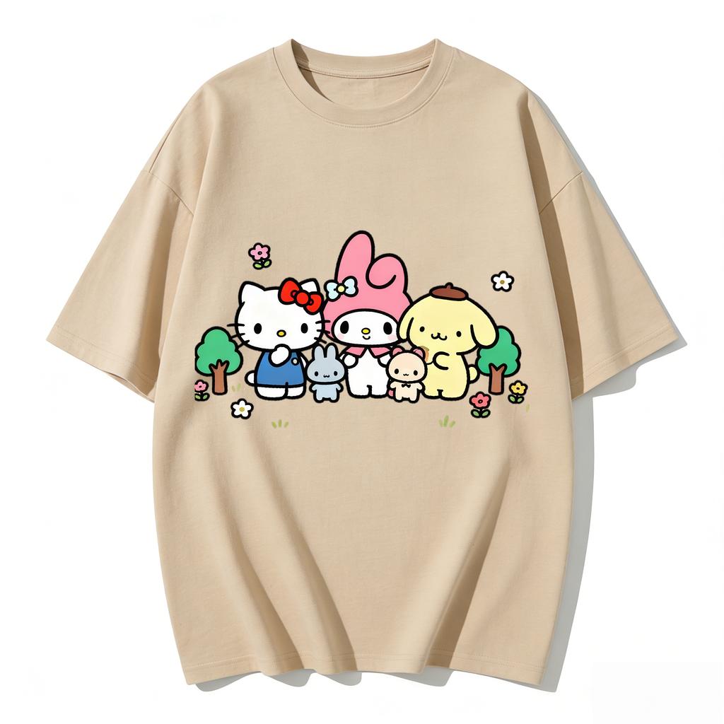 Summer Cute Sanrio Characters Group Print Tshirt Casual Short Sleeve Tee for Mom and Daughter Sweet Family Matching Outfits Top