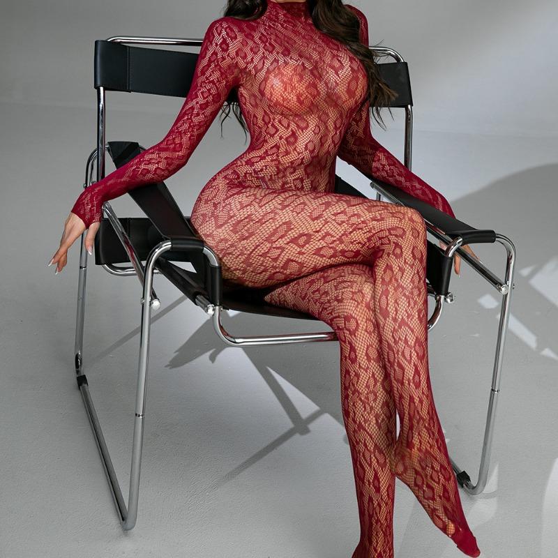 Mature European and American Women's Long Sleeved Transparent Hollow Jacquard Sexy Erotic Seductive Jumpsuit