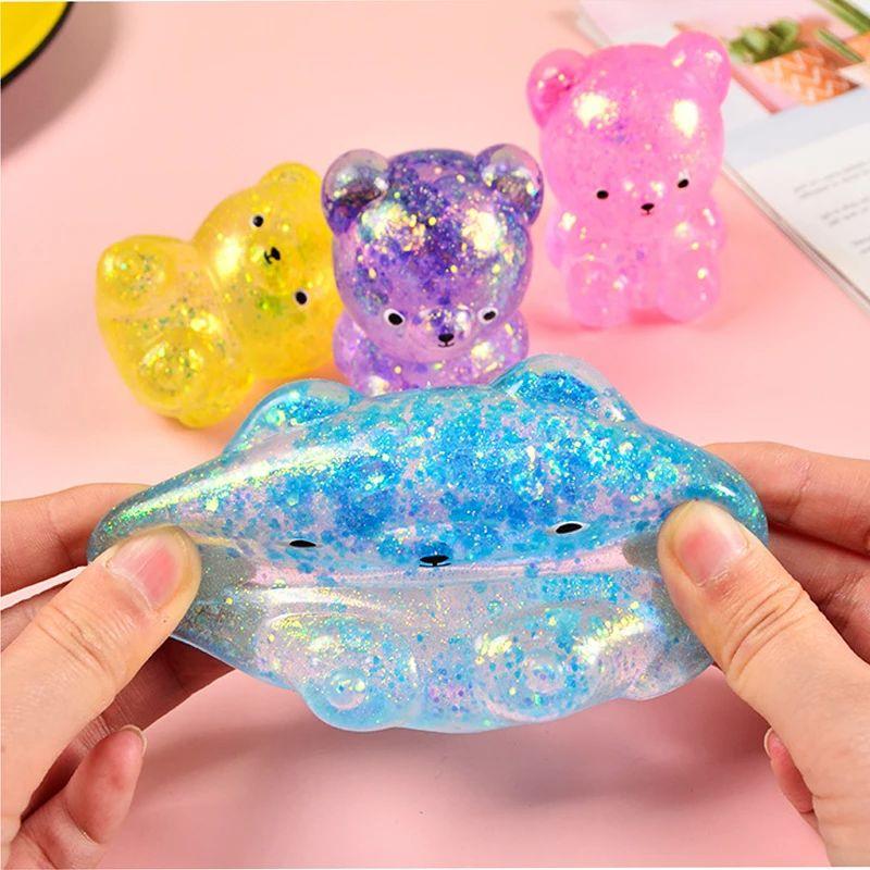 Glitter Gummy Bear Squishy Fidget Toy Needoh Stress Relief Vent Decompression Squeeze Animal Toy for Kids Adults Party Favors