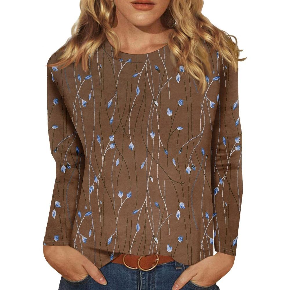 2025 New Women's Flower Fashion Print Long Sleeve T-shirt Sports Leisure Cute Polyester Ultra-thin Round Neck Long Sleeve