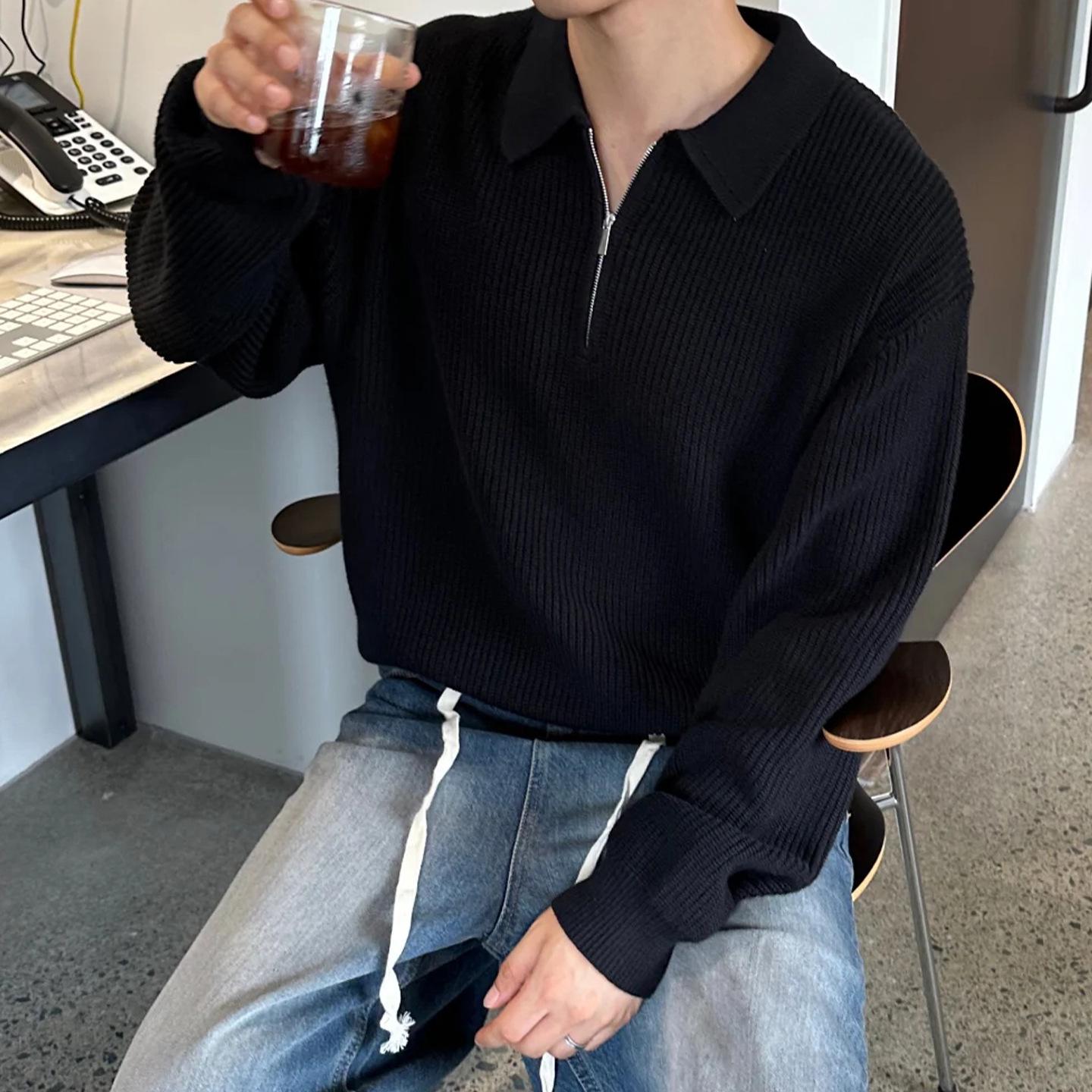 Men s Black Half-Zip Lapel Polo Sweater - Korean Style Cleanfit Loose Casual Knitwear Jacket XL