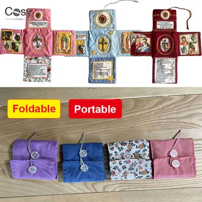 Handcrafted Pocket Shrine with Cross Included Inside,Faith Cross-Shaped Fabric Pouch Sewing Pocket with Saint Images Prayers