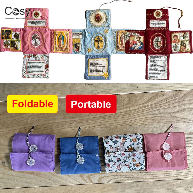 Handcrafted Pocket Shrine with Cross Included Inside,Faith Cross-Shaped Fabric Pouch Sewing Pocket with Saint Images Prayers