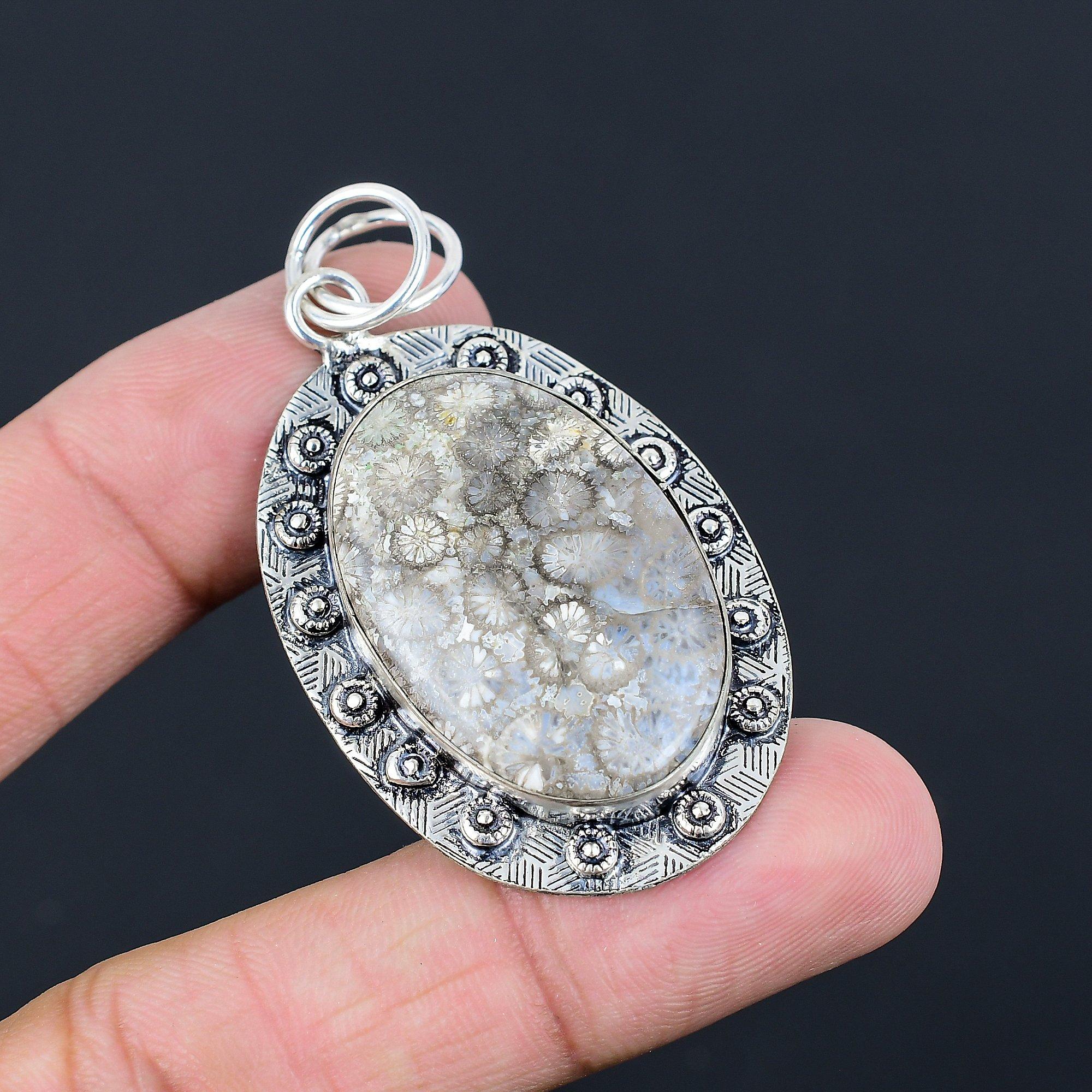 Womens day Deal 925 Silver Oval Natural Fossil Coral New Trendy Wedding Pendant