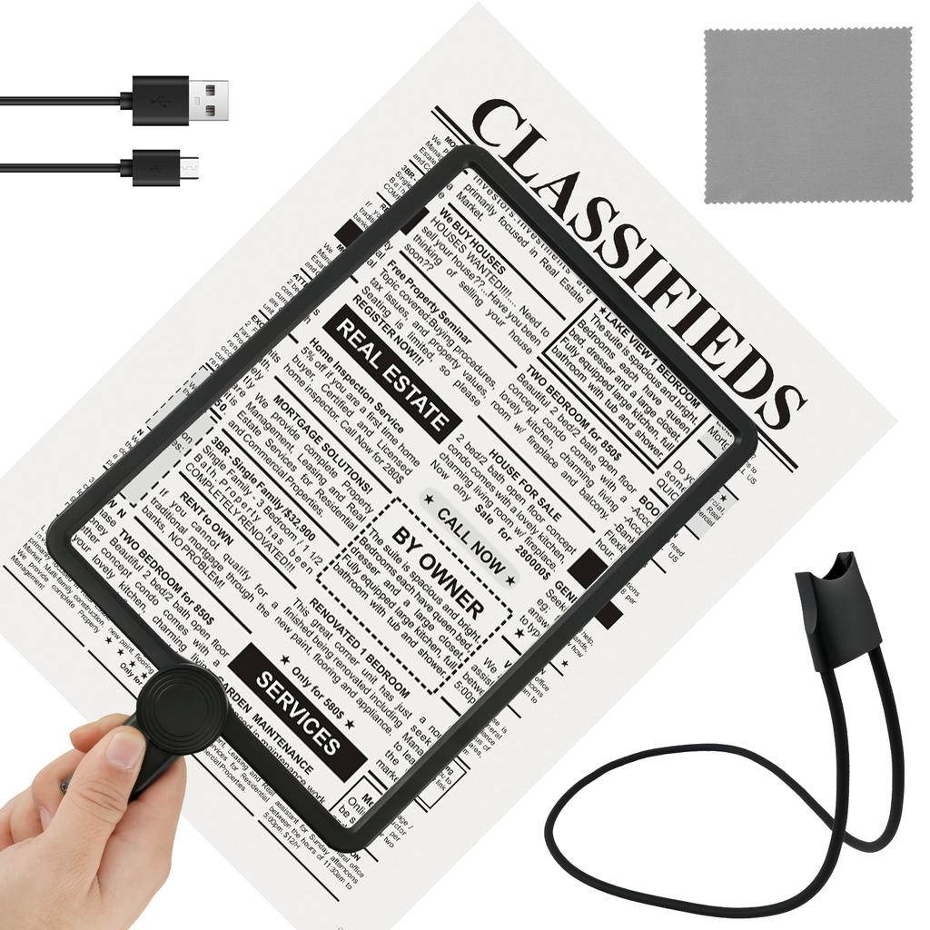 Hands Free Magnifying Glass 5X Dimmable Neck Wear Magnifier Square LED Magnifying Glass Full Book Page Reading Magnifier